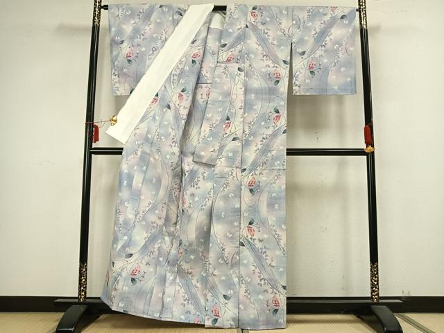 平和屋着物▽上質な紬 単衣 舞蝶枝葉文 正絹 逸品 AABB2251fy