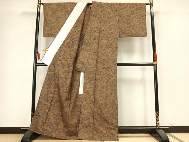 平和屋着物▽上質な紬 単衣 地紙草花文 正絹 逸品 AABB2256fy
