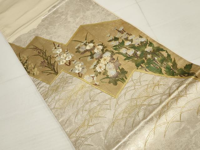 平和屋着物▼太鼓柄袋帯 刺繍 草花文 金銀彩 正絹 逸品 AABB4618wj