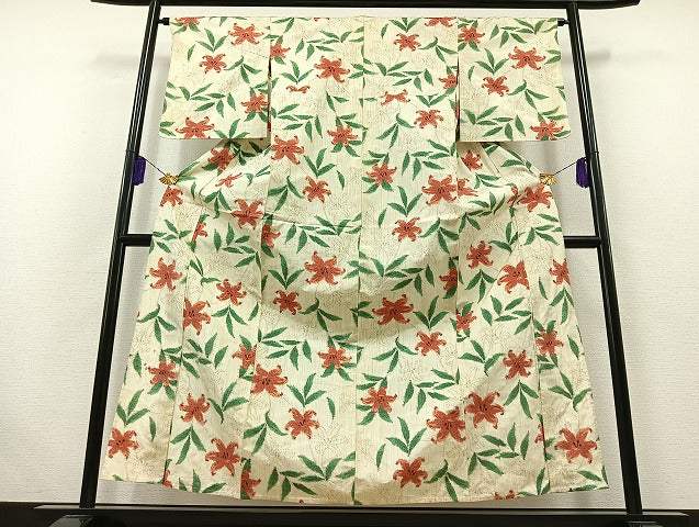 平和屋着物▽上質な紬 単衣 草花文 正絹 逸品 AABB5221jh