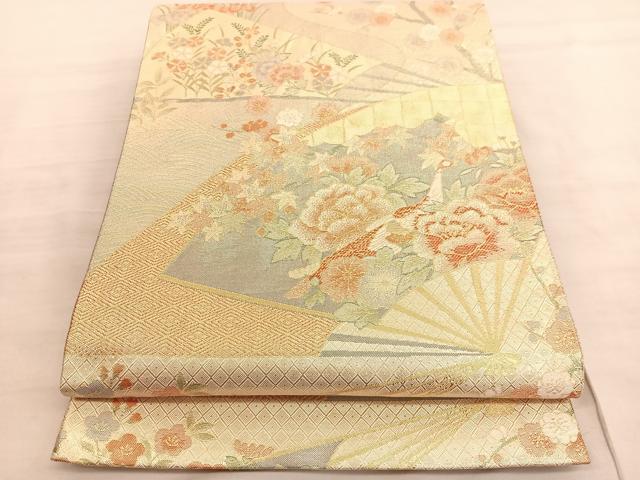 平和屋着物◎佐賀錦 六通柄袋帯 扇面孔雀花文 金糸 正絹 逸品 BAAV3441hv