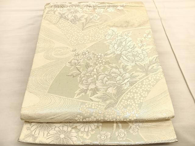 平和屋着物◎六通柄袋帯 唐織 地紙牡丹花文 銀糸 正絹 逸品 BAAV3731hv