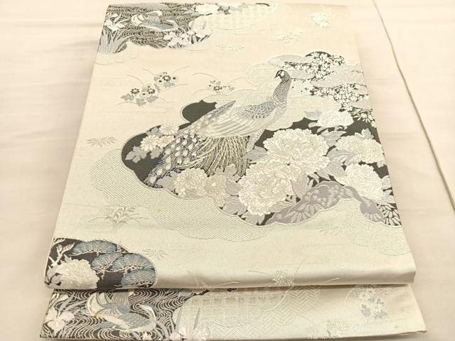 平和屋着物◎六通柄袋帯 唐織 雲取孔雀絵 銀糸 正絹 逸品 BAAV3755hv