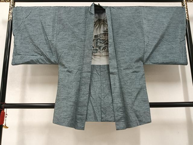 平和屋着物●男性 紬 アンサンブル 色無地 灰汁色 正絹 逸品 AABB6275ph