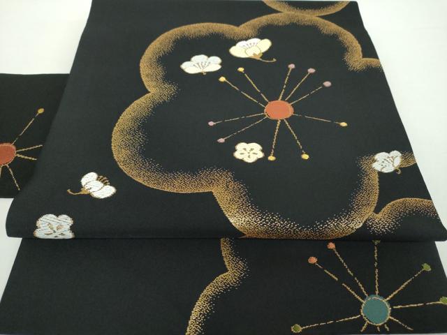平和屋着物●九寸名古屋帯 唐織 舞梅 黒地 金糸 正絹 逸品 DAAX4782ps