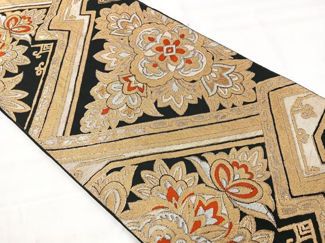 平和屋着物◎六通柄 本袋帯 更紗花文 黒地 金糸 正絹 逸品 CAAX9877xe