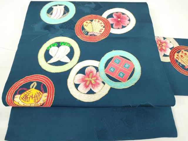 平和屋着物●アンティーク 大正ロマン 九寸名古屋帯 駒刺繍 花蝶丸文 金糸 正絹 逸品 DAAX3375az