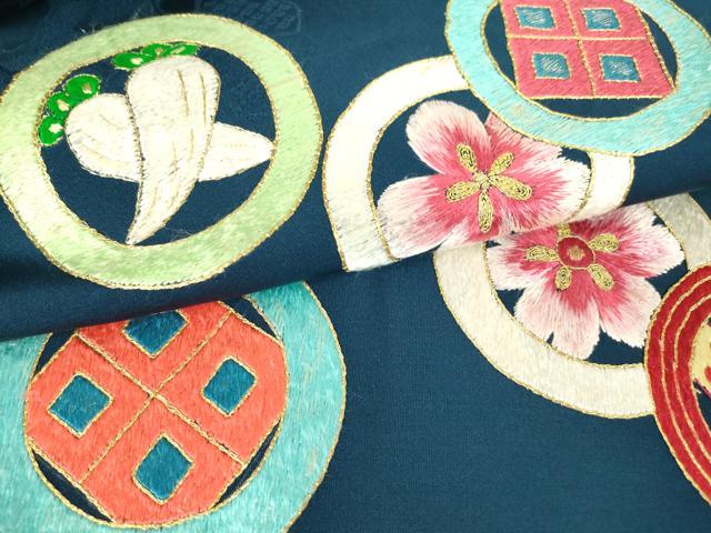 平和屋着物●アンティーク 大正ロマン 九寸名古屋帯 駒刺繍 花蝶丸文 金糸 正絹 逸品 DAAX3375az