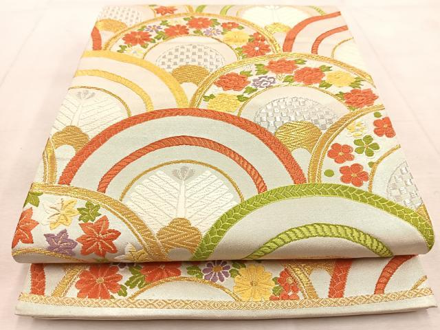 平和屋着物◎西陣 六通柄袋帯 唐織 花松青海波 金銀糸 正絹 逸品 BAAU9758yc