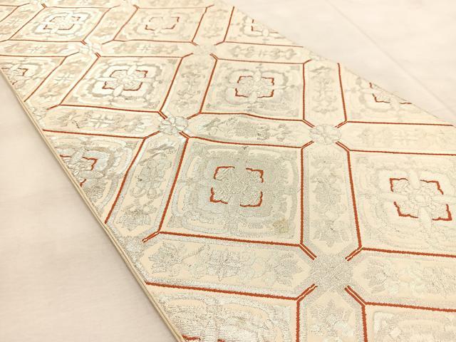 平和屋着物◎六通柄 本袋帯 唐織 白馬錦 幾何学花文 銀糸 正絹 逸品 BAAU9800yc