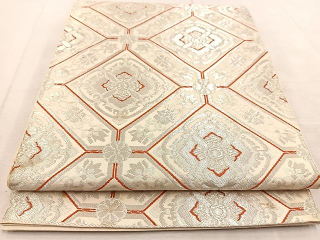 平和屋着物◎六通柄 本袋帯 唐織 白馬錦 幾何学花文 銀糸 正絹 逸品 BAAU9800yc