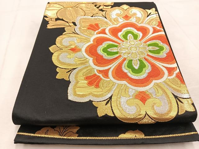 平和屋着物◎六通柄袋帯 唐織 正倉院花文 黒地 金銀糸 正絹 逸品 BAAU9933yc