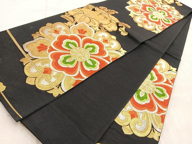 平和屋着物◎六通柄袋帯 唐織 正倉院花文 黒地 金銀糸 正絹 逸品 BAAU9933yc