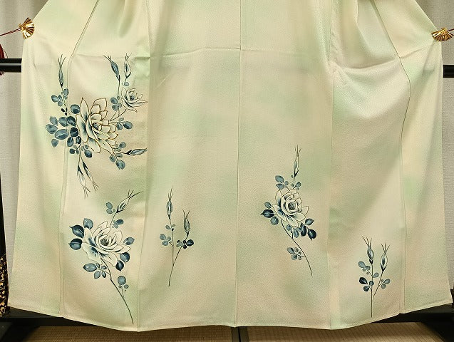 平和屋着物▽訪問着 単衣 駒刺繍 枝花文 暈し染め 金彩 正絹 逸品 AABB2278fy