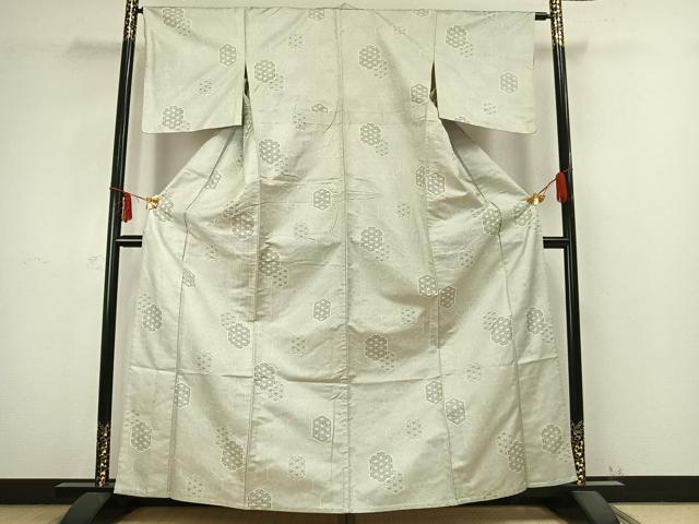 平和屋着物▽お召 単衣 亀甲麻の葉文様 正絹 逸品 AABB2331fy