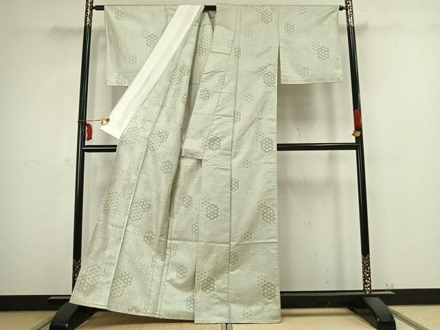 平和屋着物▽お召 単衣 亀甲麻の葉文様 正絹 逸品 AABB2331fy