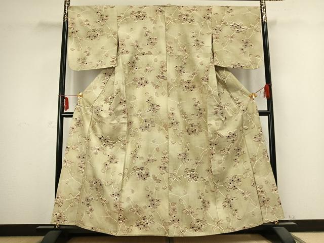 平和屋着物▽上質な紬 単衣 枝花文 正絹 逸品 AABB2339fy