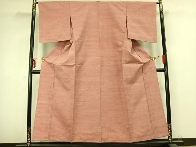 平和屋着物▽上質な紬 単衣 色無地 珊瑚色 正絹 逸品 AABB2350fy