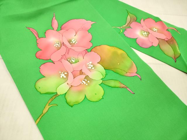 平和屋着物●塩瀬 九寸名古屋帯 ろうけつ染め 作家物 手描き 草花文 正絹 逸品 DAAX8528cm