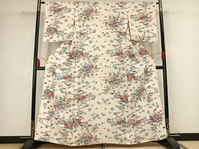 平和屋着物▽上質な小紋 単衣 型染め 風景草花文 正絹 逸品 AABB2366fy