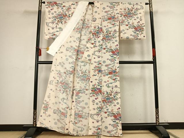 平和屋着物▽上質な小紋 単衣 型染め 風景草花文 正絹 逸品 AABB2366fy