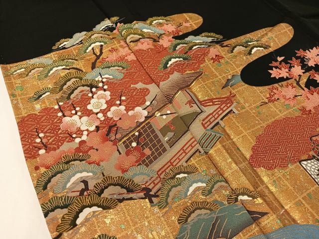 平和屋着物■豪華黒留袖 駒刺繍 松竹梅風景文 金銀彩 正絹 逸品 CAAY7189vp