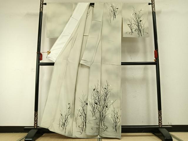 平和屋着物▽訪問着 単衣 手描き 枝葉文 暈し染め 正絹 逸品 AABC0241fy