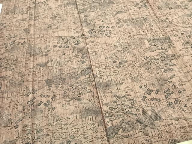 平和屋着物▽上質な紬 単衣 風景草花文 正絹 逸品 AABC0307fy