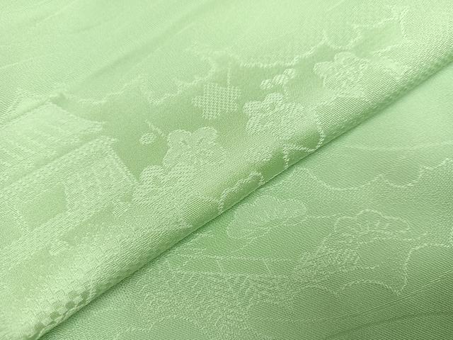 平和屋着物●上質な色無地 御所車草花地紋 裏葉柳色 正絹 逸品 未使用 AABC0662ph