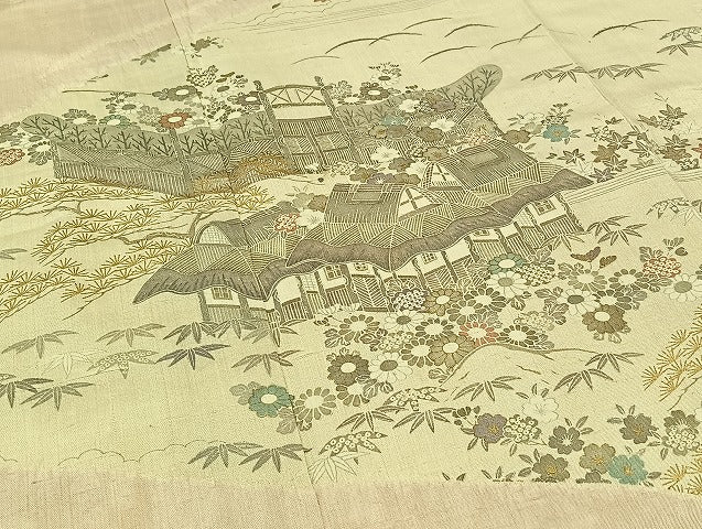 平和屋着物▽訪問着 単衣 紬地 絞り 風景松竹梅文 金彩 正絹 逸品 AABC0712jh