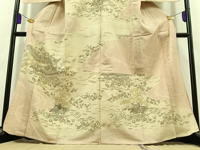 平和屋着物▽訪問着 単衣 紬地 絞り 風景松竹梅文 金彩 正絹 逸品 AABC0712jh
