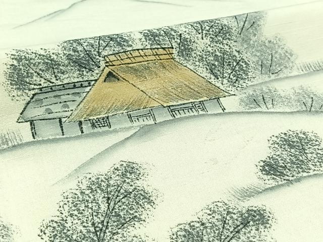 平和屋着物▽訪問着 単衣 作家物 紬地 手描き 風景文 正絹 逸品 AABC1236jh