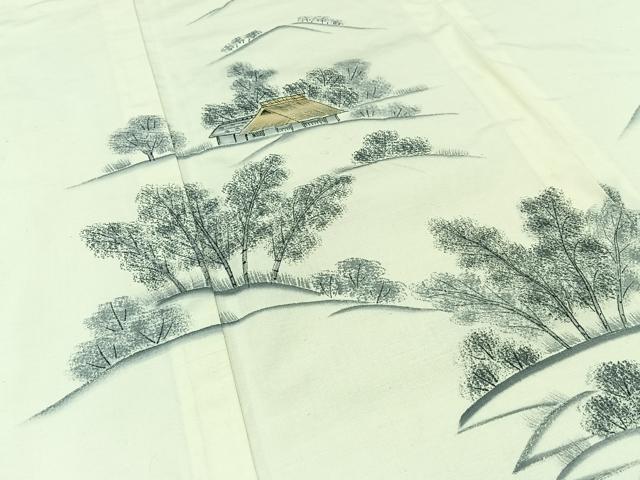 平和屋着物▽訪問着 単衣 作家物 紬地 手描き 風景文 正絹 逸品 AABC1236jh
