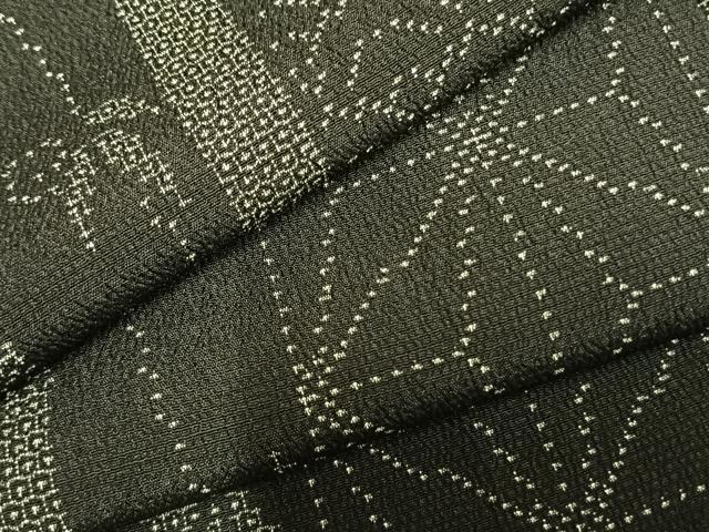平和屋着物▽本塩沢 単衣 110亀甲 麻の葉間道 黒地 反端付き 正絹 逸品 未使用 AABC0379fy