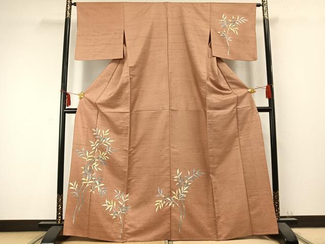 平和屋着物▽訪問着 単衣 白山 紬地 枝葉文 正絹 逸品 AABC0372fy