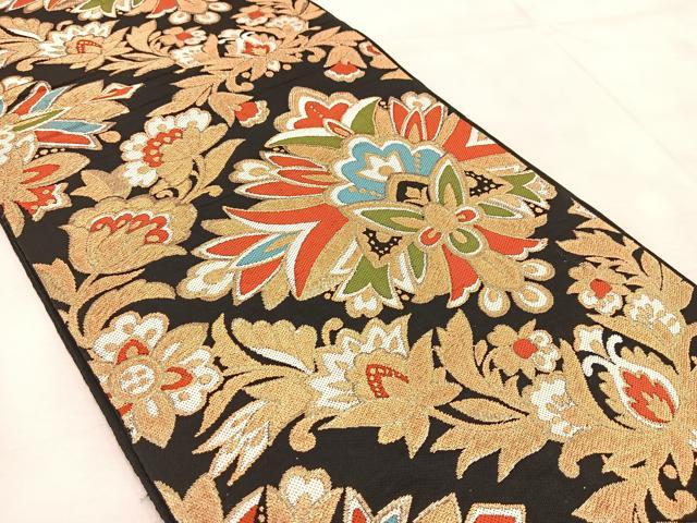 平和屋着物◎六通柄 本袋帯 唐織 宝相華 黒地 金糸 正絹 逸品 BAAV4652yc