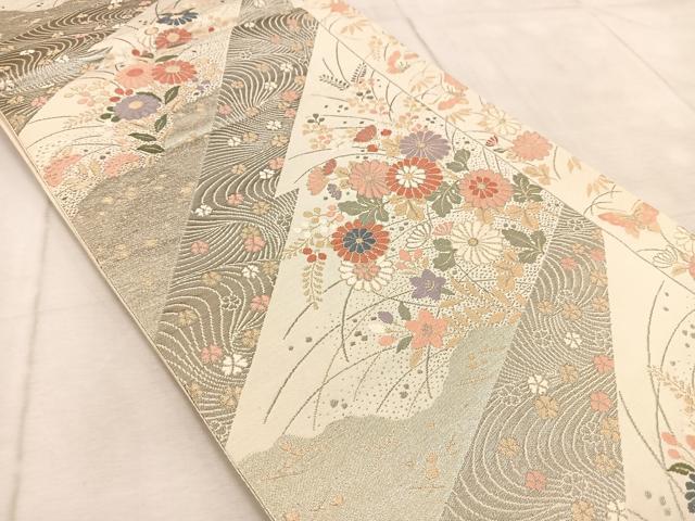 平和屋着物◎六通柄袋帯 唐織 純プラチナ箔 秋草花蝶文 正絹 逸品 BAAV4719yc