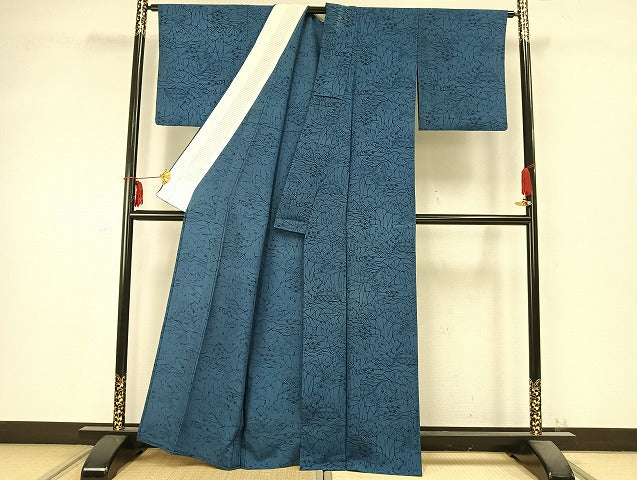 平和屋着物▽上質な小紋 単衣 型染め 藍 風景草花文 正絹 逸品 AABC0382fy