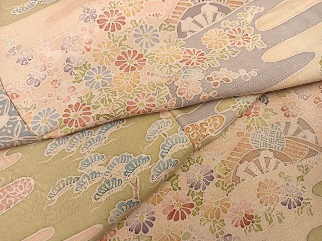 平和屋着物●上質な小紋 紬地 エ霞草花文 正絹 逸品 AABC2546ph
