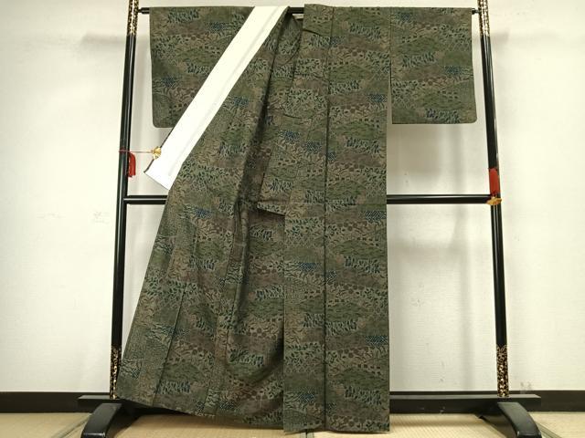 平和屋着物▽小千谷紬 単衣 更紗小紋 草花文 反端付き 正絹 逸品 AABC0497fy