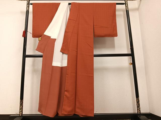 平和屋着物●京加賀友禅 百貫達雄監修 色無地 格子地紋 樺色 正絹 逸品 未使用 AABC3370ph