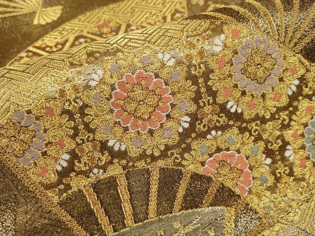 平和屋着物▼六通柄袋帯 扇面花文 金糸 正絹 逸品 AABB9862wj