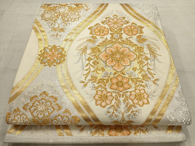 平和屋着物▼六通柄袋帯 立涌花鳥文 金銀糸 正絹 逸品 AABB9825wj