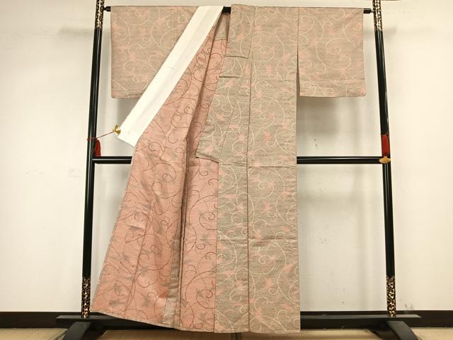 平和屋着物▽上質な紬 単衣 唐草文 正絹 逸品 AABC0575fy