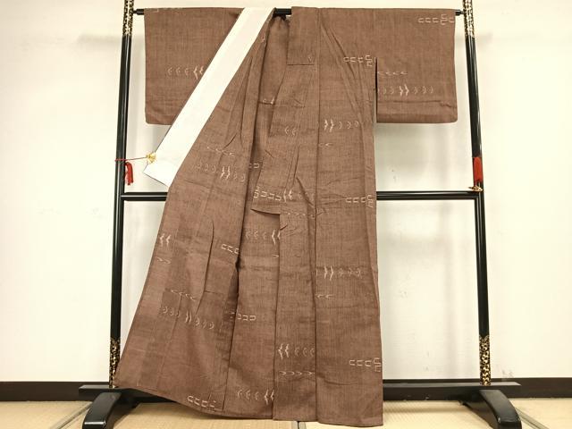 平和屋着物▽上質な紬 単衣 幾何学文様 正絹 逸品 AABC0584fy