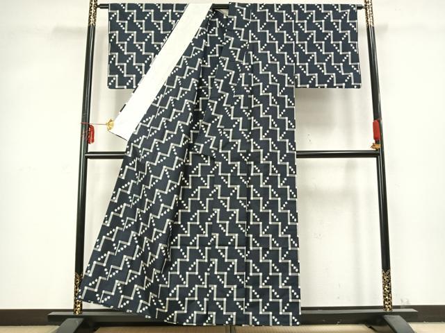 平和屋着物▽上質な紬 単衣 幾何学文様 正絹 逸品 AABC3727fy