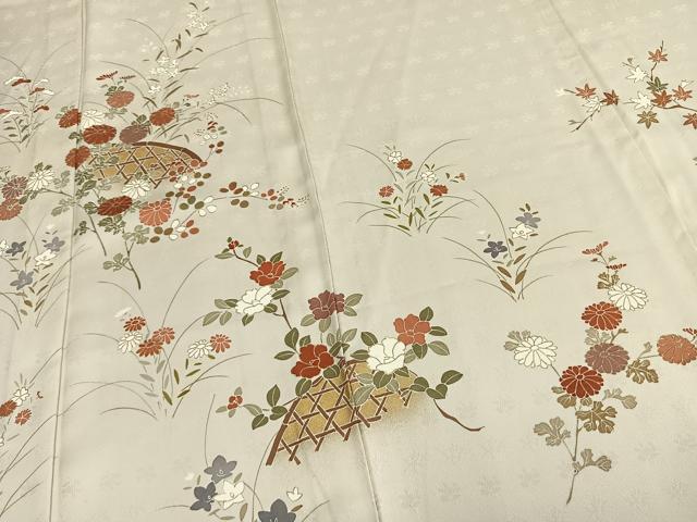 平和屋着物▽上質な紬 単衣 草花文 金彩 正絹 逸品 AABC0597fy