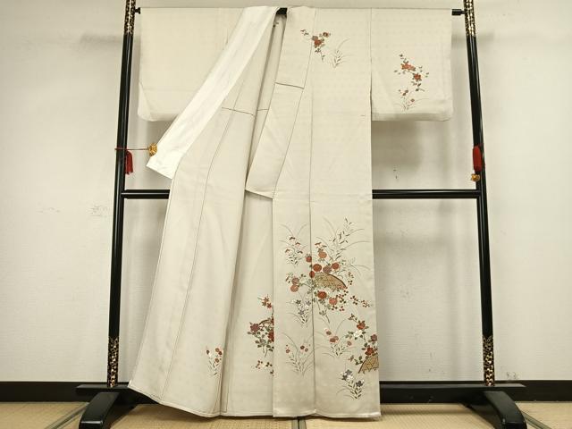 平和屋着物▽上質な紬 単衣 草花文 金彩 正絹 逸品 AABC0597fy