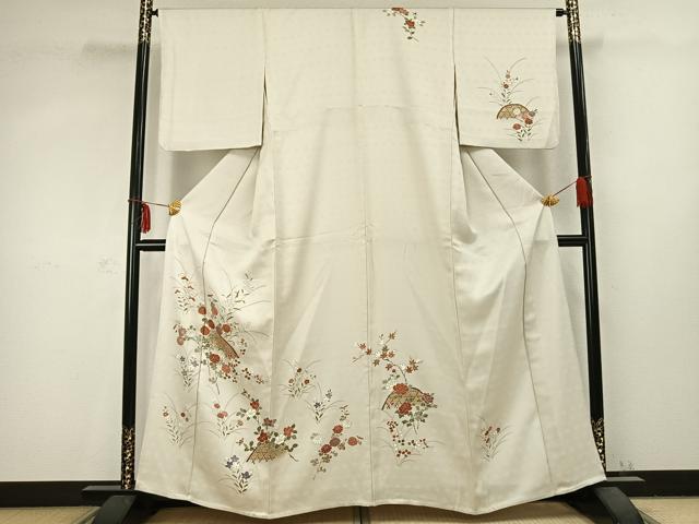 平和屋着物▽上質な紬 単衣 草花文 金彩 正絹 逸品 AABC0597fy
