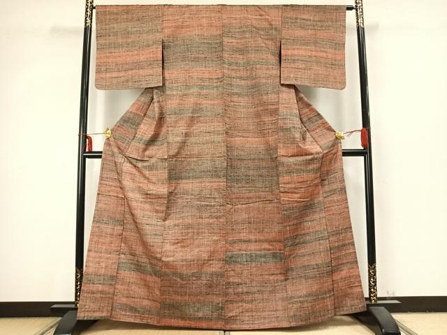 平和屋着物▽上質な紬 単衣 横段文 正絹 逸品 AABC3744fy